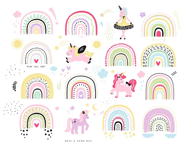 Rainbow Unicorn Kid Cliparts Vector Set — стоковый вектор