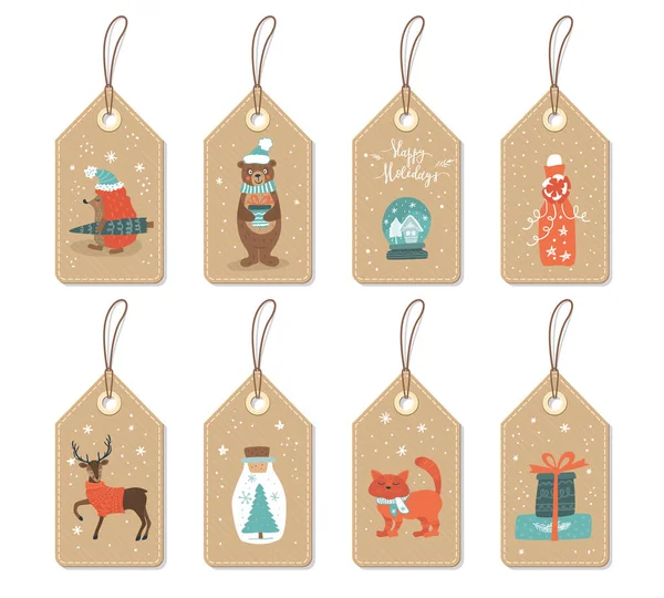 Paper Tags Cute Christmas Animals Things Vector Winter Set — Stock Vector