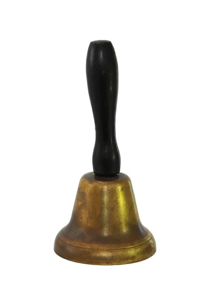 Starý kovový zvon s dřevěnou rukojetí, izolované na bílém — Stock fotografie