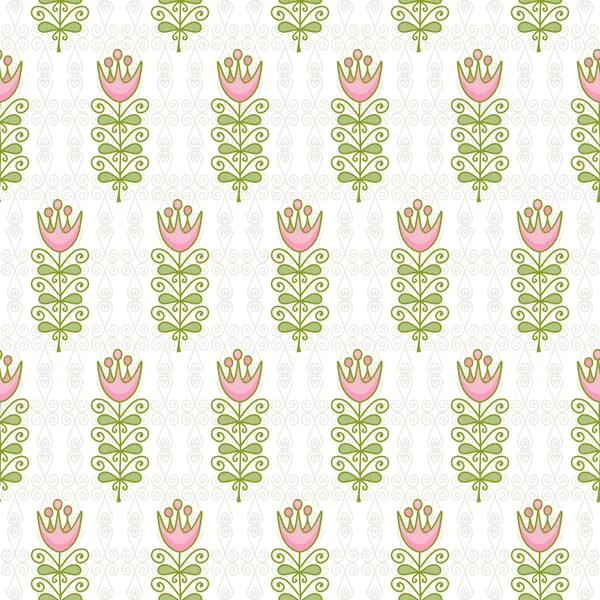 Seamless pattern of abstract flowers on the pale scrolls of decorative elements. — Stock Vector