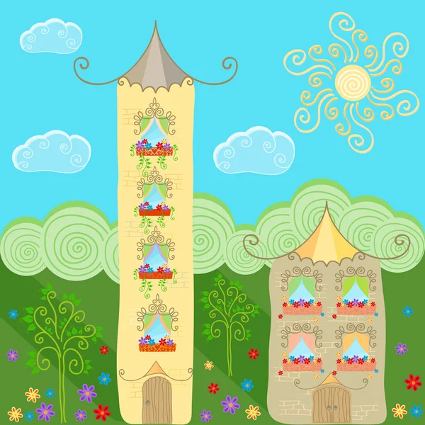 Báječné louce s kreslenými domy - věže. — Stockový vektor