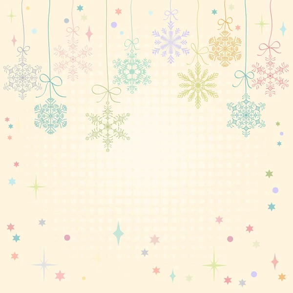 Kerstmis en Nieuwjaar kaart met sneeuwvlokken, gestileerde Kerstkaart met hangende sneeuwvlokken en andere decoraties — Stockvector