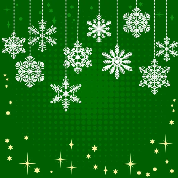 Vintage groene kaart met Kerstmis sneeuwvlokken en andere decoraties — Stockvector