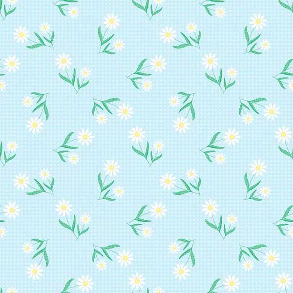 Seamless background of daisies on blue checkered — Stock Vector