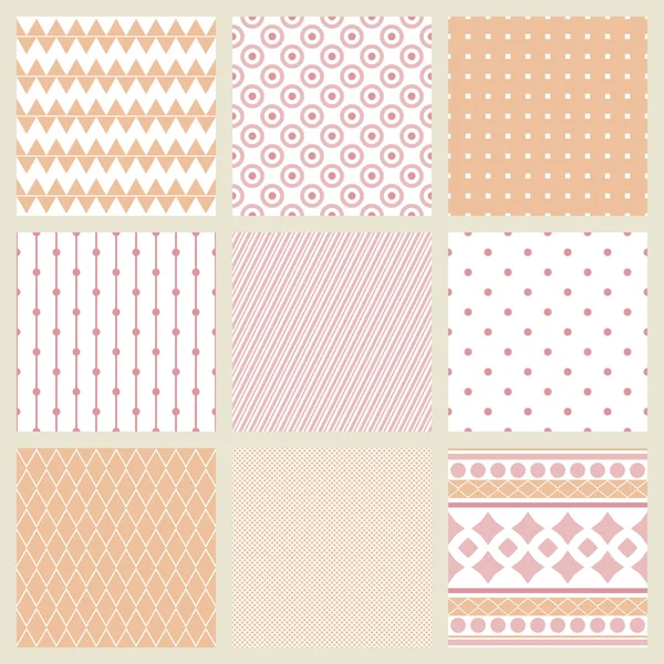 Set of geometric patterns in shades of pale pink. 9 samples. — Stock Vector