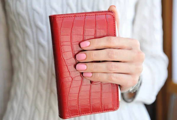 Rotes Notizbuch in schöner weiblicher Hand — Stockfoto
