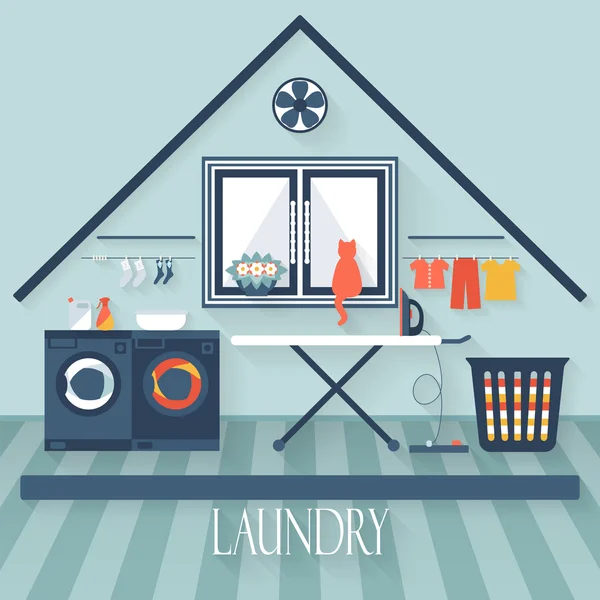 Waschküche mit Waschmaschine, Bügelbrett und Fenster. fla — Stockvektor