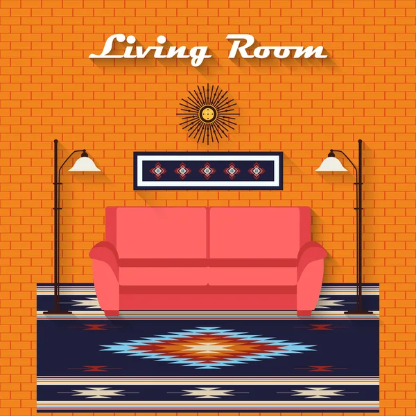 Sala de estar com sofá e longas sombras. Apartamento loft estilo étnico v —  Vetores de Stock