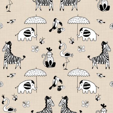 Elle çizilen sevimli hayvanlar tropikal desensiz arka plan