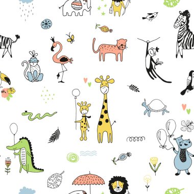 Tropikal Hayvanlar Sevimli Komik Çizimler Kusursuz Şablon