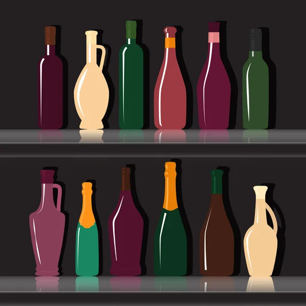 Set of silhouettes of wine bottles on a black background . — Stock Vector
