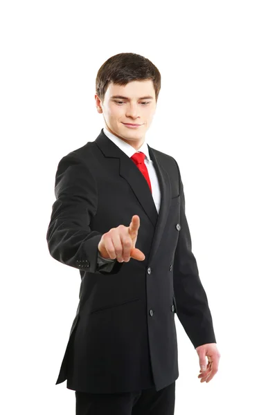仮想ボタンを押す若いビジネスマン — ストック写真