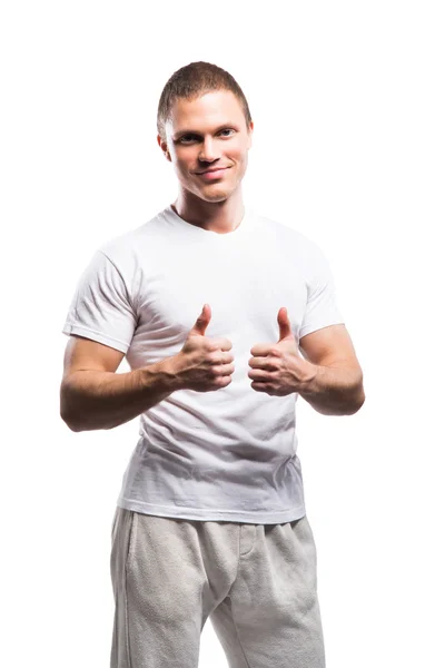 Güçlü, sağlam ve sportif vücut geliştirmeci adam beyaz izole — Stok fotoğraf