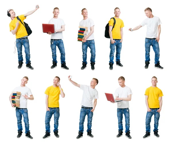 Colección de guapo estudiante masculino sobre fondo aislado — Foto de Stock