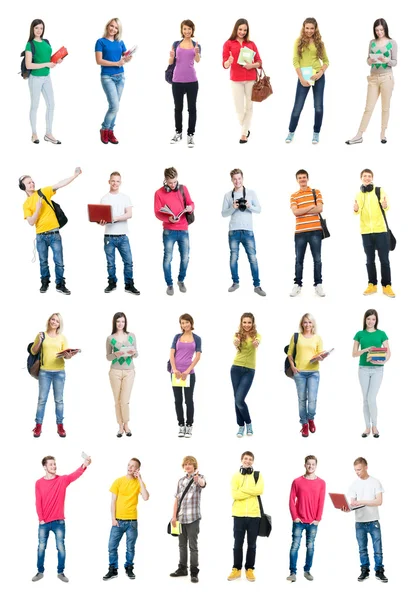 Conjunto de estudantes se divertindo em fundo isolado — Fotografia de Stock