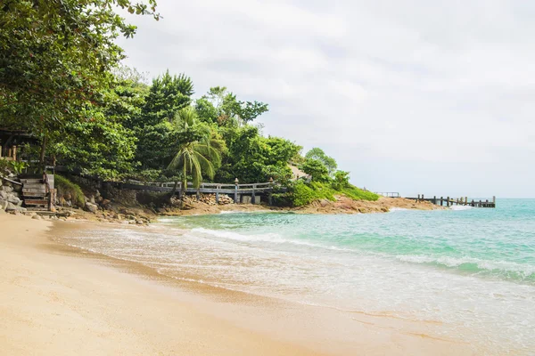 Scene of idyllic beach and forest with an old bridge — Stock Photo, Image