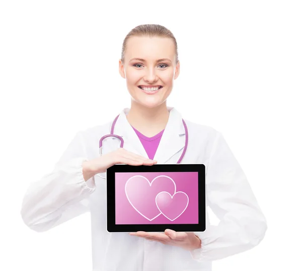 Glada läkare med en tablett — Stockfoto