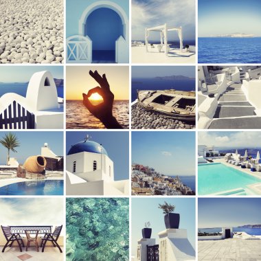 Farklı Santorini fotoğrafları kolaj bir.