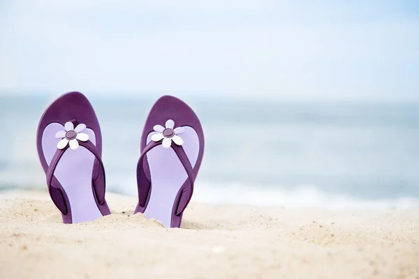 Красиві, фіолетові фліп-флоп на пляжі — стокове фото