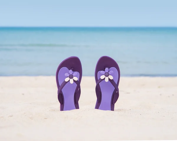 Красиві фіолетові фліп-флоп на пляжі — стокове фото