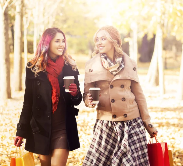 Красивые девушки прогуливаются в парке с красочными сумками — стоковое фото
