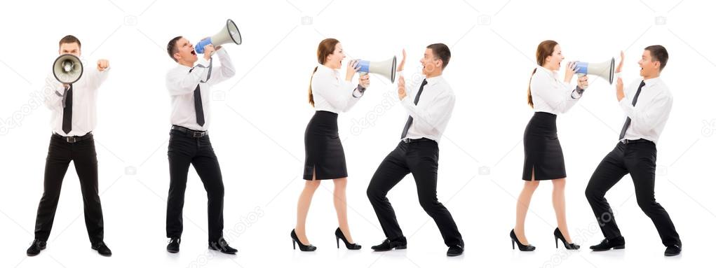 Collage of businesswomen yelling at men isolated on white