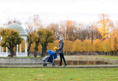 Anne bebek çocuk arabası ile yürüyüş  