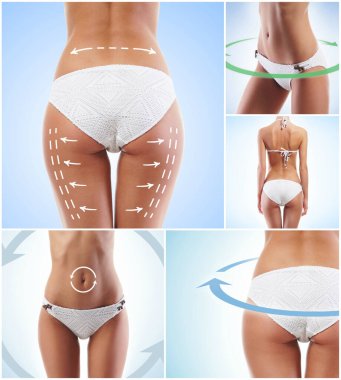 Formda ve beyaz mayo giymiş güzel bir kadın vücudu. Farklı resimlerin koleksiyonu.