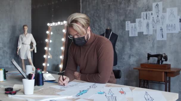 Workplace Young Talented Fashion Designer Tailor Works Alone Stylish Loft — Stock Video