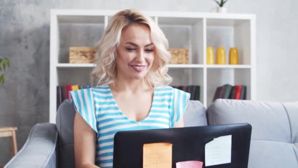 Young Attractive Woman Works Home Using Laptop Computer Freelancer Student — Stock Video