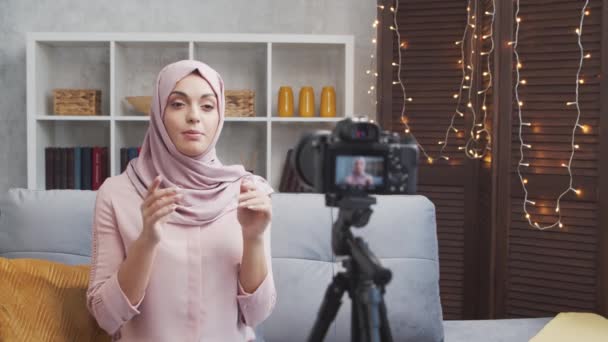 Young Attractive Muslim Woman Hijab Recording Video Blog Camera Happy — Stock Video