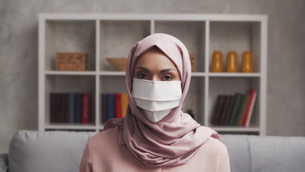 Close Portrait Young Muslim Girl Hijab Protective Mask Sad Middle — Stock Video