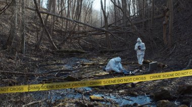 Detectives are collecting evidence in a crime scene. Forensic specialists are making expertise. Professional police investigation in a forest. clipart