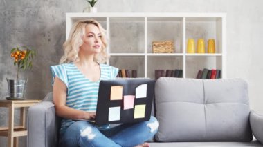 Genç ve çekici bir kadın evde dizüstü bilgisayar kullanarak çalışıyor. Kanepede serbest çalışan ya da öğrenci. Kilitleme kavramı.