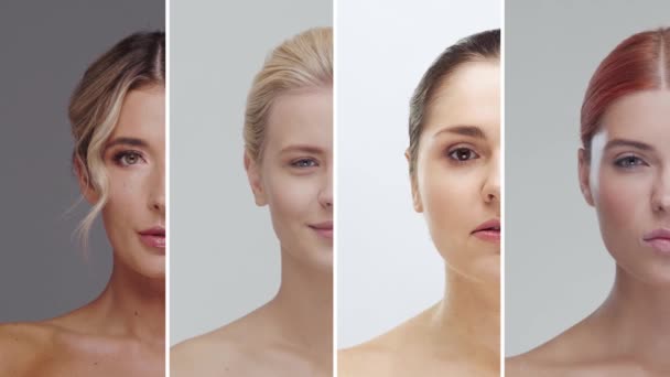 Κολάζ Φτιαγμένο Από Τέσσερα Διαφορετικά Θηλυκά Πρόσωπα Πορτραίτα Όμορφων Γυναικών — Αρχείο Βίντεο