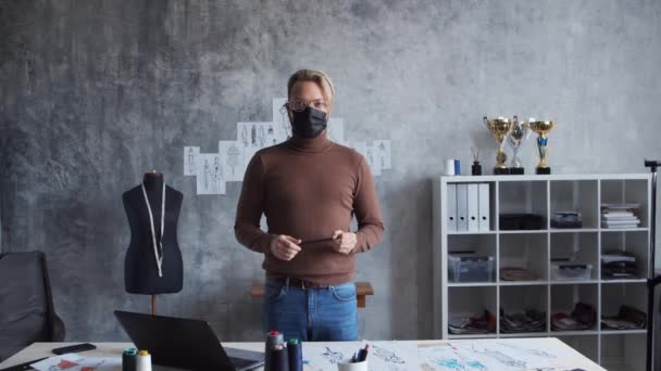 Workplace Young Talented Fashion Designer Tailor Works Alone Stylish Loft — Stock Video