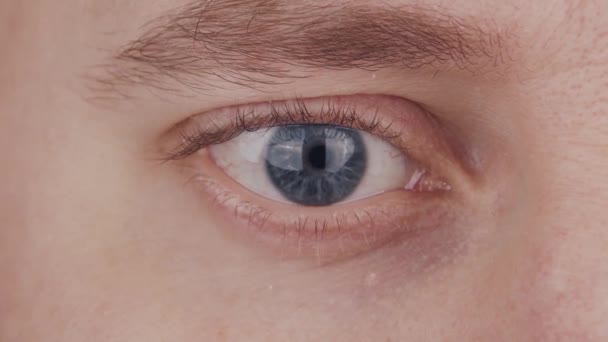 Großaufnahme eines männlichen blauen Auges. Der Mensch schaut in die Kamera aus nächster Nähe. Iris, Pupille und Augenbrauenmakro. Sehprobleme, Augenheilkunde und Optometrie. — Stockvideo