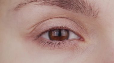 Dişi kahverengi göze yakın çekim. Kadın, kameraya yakından bakıyor. Iris, gözbebeği ve kaş makrosu. Görüş problemleri, göz bilimi ve optometri.