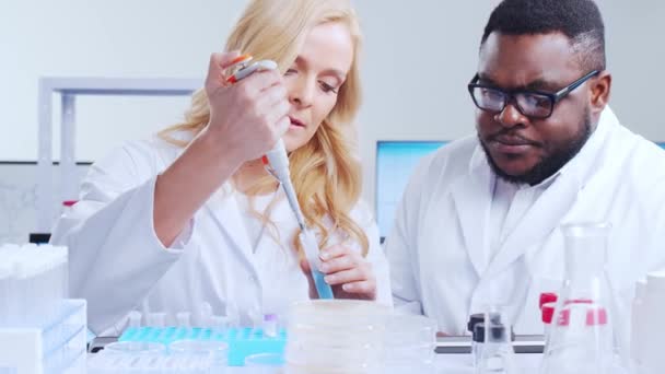 Professioneel team van wetenschappers werkt aan een vaccin in een modern wetenschappelijk onderzoekslaboratorium. Genetische ingenieur werkplek. Futuristische technologie en wetenschapsconcept. — Stockvideo