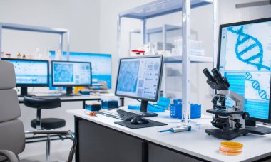 Modern bilimsel araştırma laboratuvarının içi. Genetik mühendisliği işyeri. Gelecekteki teknoloji ve bilim.