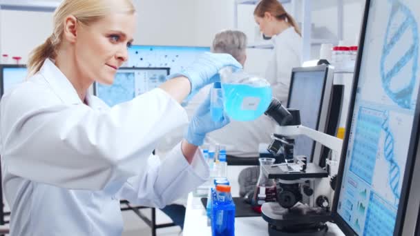 Professional team of scientists is working on a vaccine in a modern scientific research laboratory. Genetic engineer workplace. Future technology and science. — Stock Video