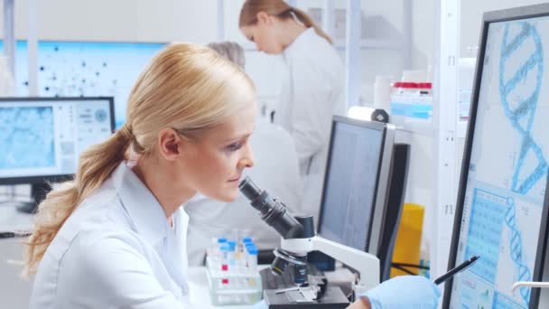 Επαγγελματική ομάδα επιστημόνων εργάζεται πάνω σε ένα εμβόλιο σε ένα σύγχρονο εργαστήριο επιστημονικής έρευνας. Στο χώρο εργασίας των γενετιστών. Μελλοντική τεχνολογία και επιστήμη. — Αρχείο Βίντεο
