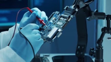 Mikro elektronik mühendisi, bilgisayar sistemleri ve mikroişlemciler üzerine modern bir bilim laboratuvarında çalışıyor. Elektronik fabrika işçisi ana kartı test ediyor ve yazılımı kodluyor..