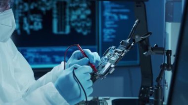 Mikro elektronik mühendisi, bilgisayar sistemleri ve mikroişlemciler üzerine modern bir bilim laboratuvarında çalışıyor. Elektronik fabrika işçisi ana kartı test ediyor ve yazılımı kodluyor..