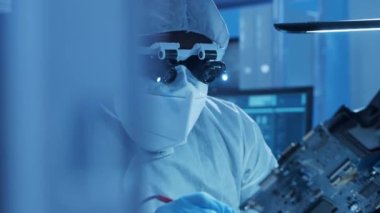 Afrikalı-Amerikalı mikro elektronik mühendisi, bilgisayar sistemleri ve mikroişlemciler üzerine modern bir bilim laboratuvarında çalışıyor. Elektronik fabrika işçisi ana kartı ve kodlamayı test ediyor..