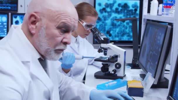 Äldre professor och ung laboratorieassistent gör vetenskapliga experiment i ett modernt laboratorium. Genetiska ingenjörer på arbetsplatsen. Begreppet vetenskap, medicin och vaccinutveckling. — Stockvideo