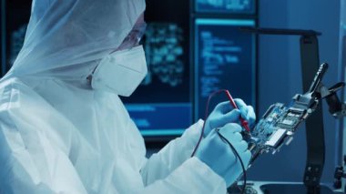 Mikro elektronik mühendisi, bilgisayar sistemleri ve mikroişlemciler üzerine modern bir bilim laboratuvarında çalışıyor. Elektronik fabrika işçisi ana kartı test ediyor ve yazılımı kodluyor..