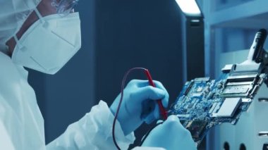 Mikro elektronik mühendisi, bilgisayar sistemleri ve mikroişlemciler üzerine modern bir bilim laboratuvarında çalışıyor. Elektronik fabrika işçisi ana kartı test ediyor ve yazılımı kodluyor..