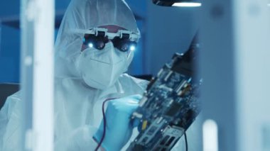 Mikro elektronik mühendisi, bilgisayar sistemleri ve mikroişlemciler üzerine modern bir bilim laboratuvarında çalışıyor. Elektronik fabrika işçisi ana kartı test ediyor ve yazılımı kodluyor..