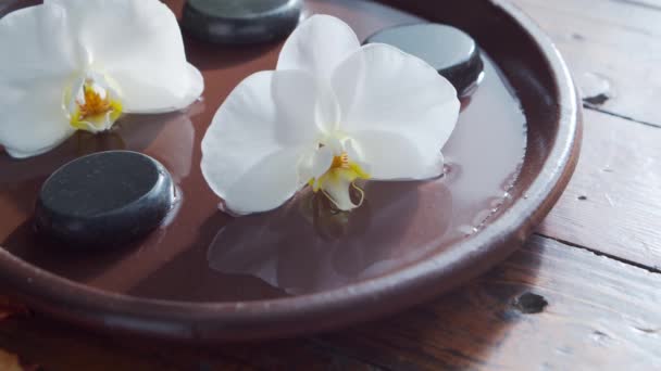 Uzdrowisko. Ręcznik, świece, kwiaty, kamienie do masażu i kulki ziołowe. Masaż, orientalna terapia, dobre samopoczucie i medytacja. — Wideo stockowe
